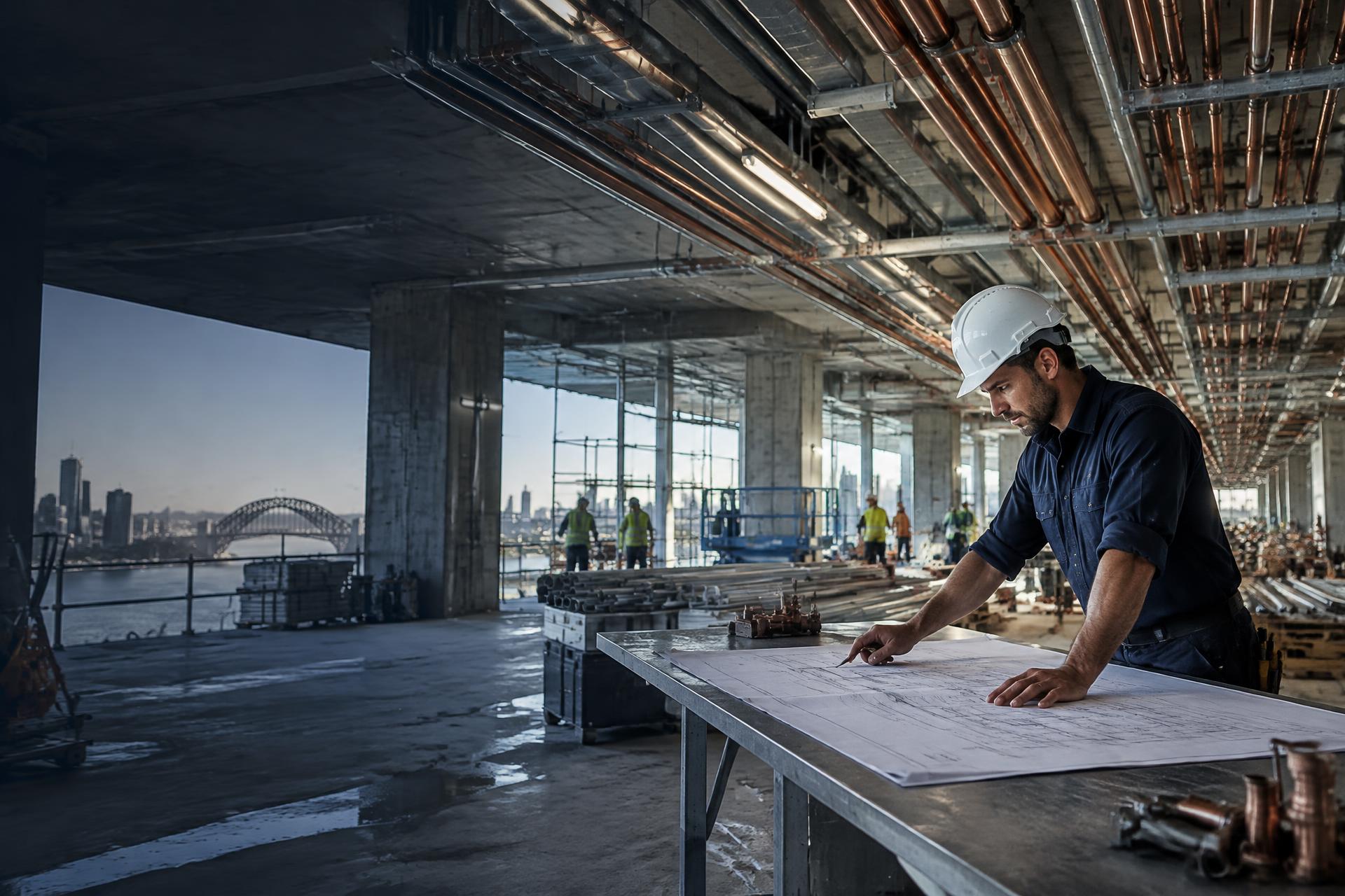 Commercial plumber reviewing hydraulic drawings on a Sydney construction site